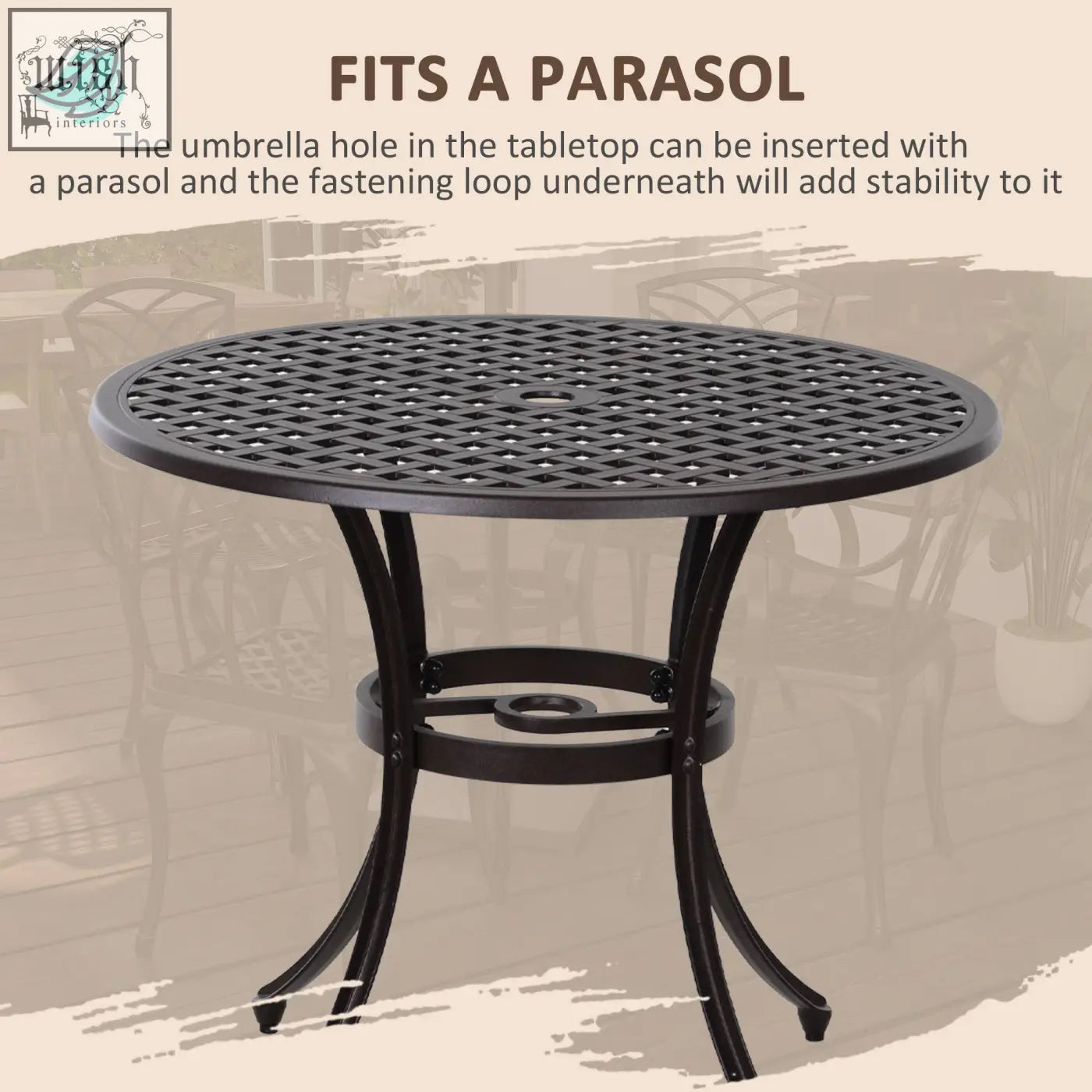 Black metal cast aluminium patio table with lattice top and curved legs in outdoorsy garden furniture set brown