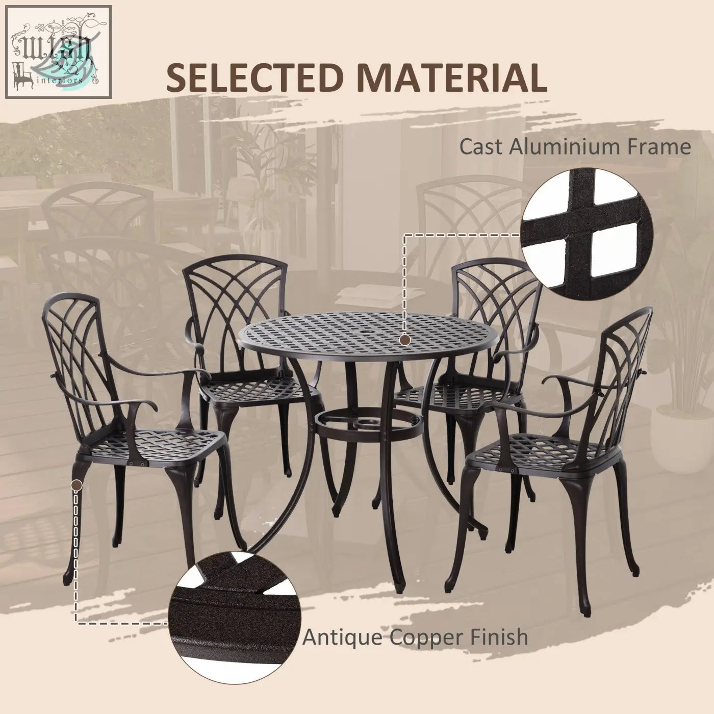 Black cast aluminium patio dining set with antique copper finish and lattice design garden furniture set for outdoors