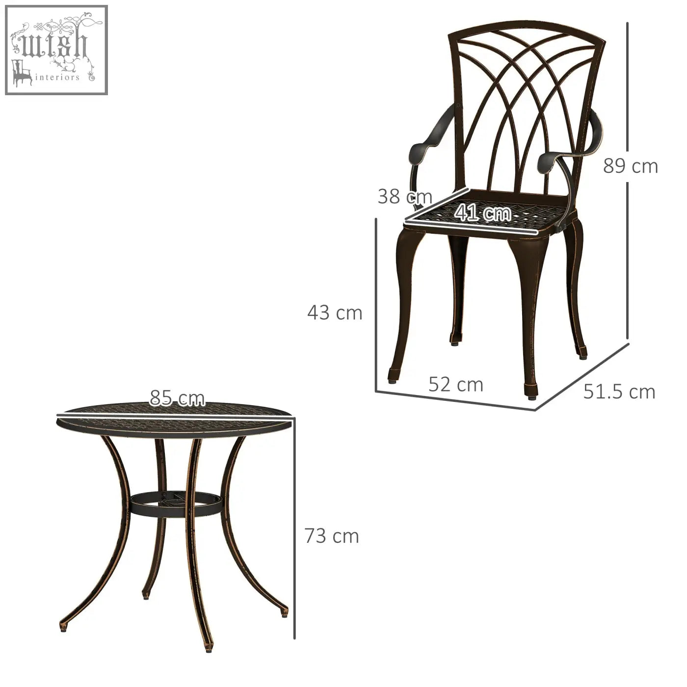 Dark bronze cast aluminium patio chair with ornate backrest and armrests from outsunny garden furniture set