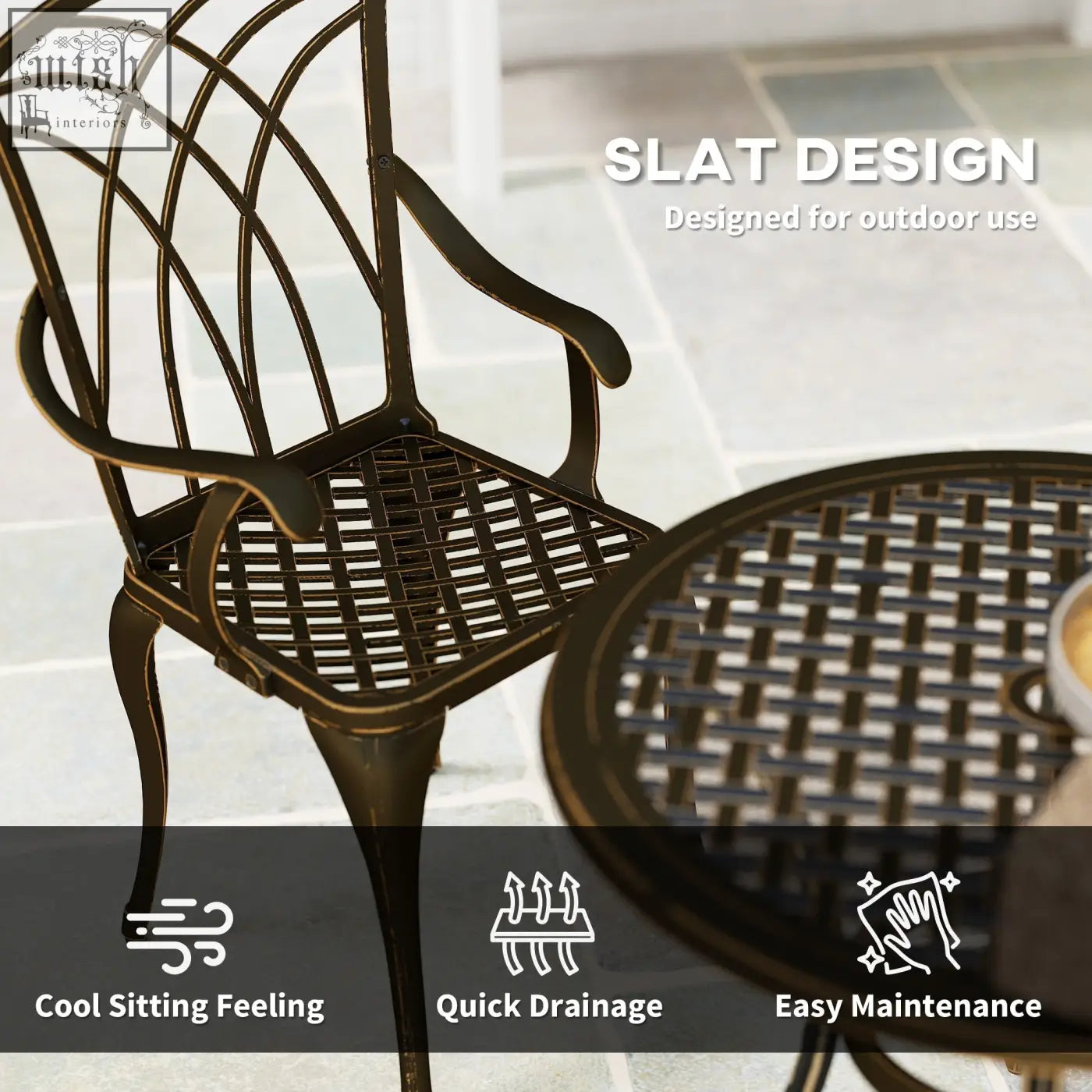 Bronze finished cast aluminium patio chair with slat design and curved armrests from outsunny garden furniture set