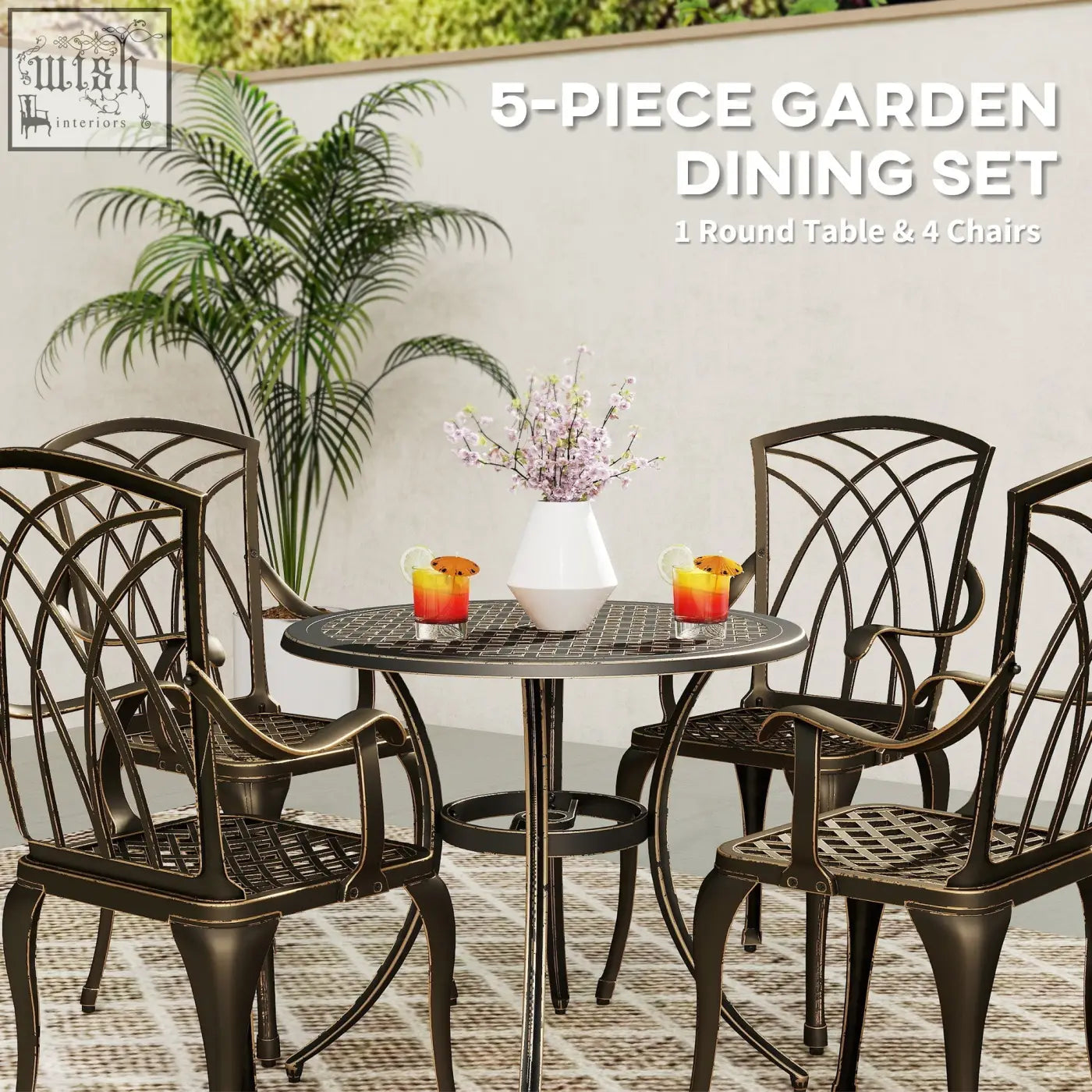 Bronze tone cast aluminium garden dining set with 4 armchairs featuring intricate lattice backrests and mesh seats