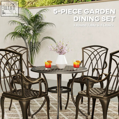 Bronze tone cast aluminium garden dining set with 4 armchairs featuring intricate lattice backrests and mesh seats