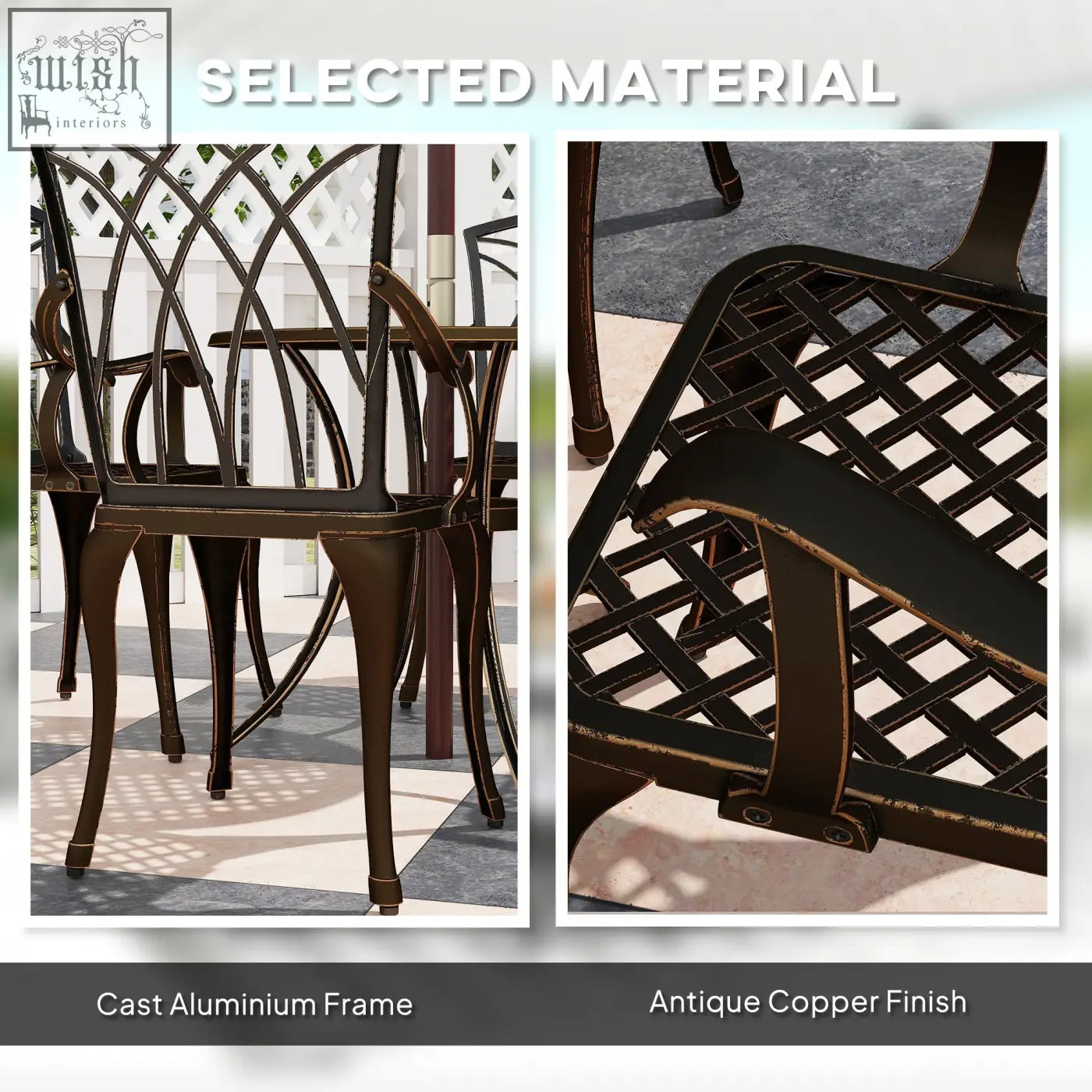 Dark bronze cast aluminium outdoor dining chair with intricate lattice back from outsunny garden furniture set