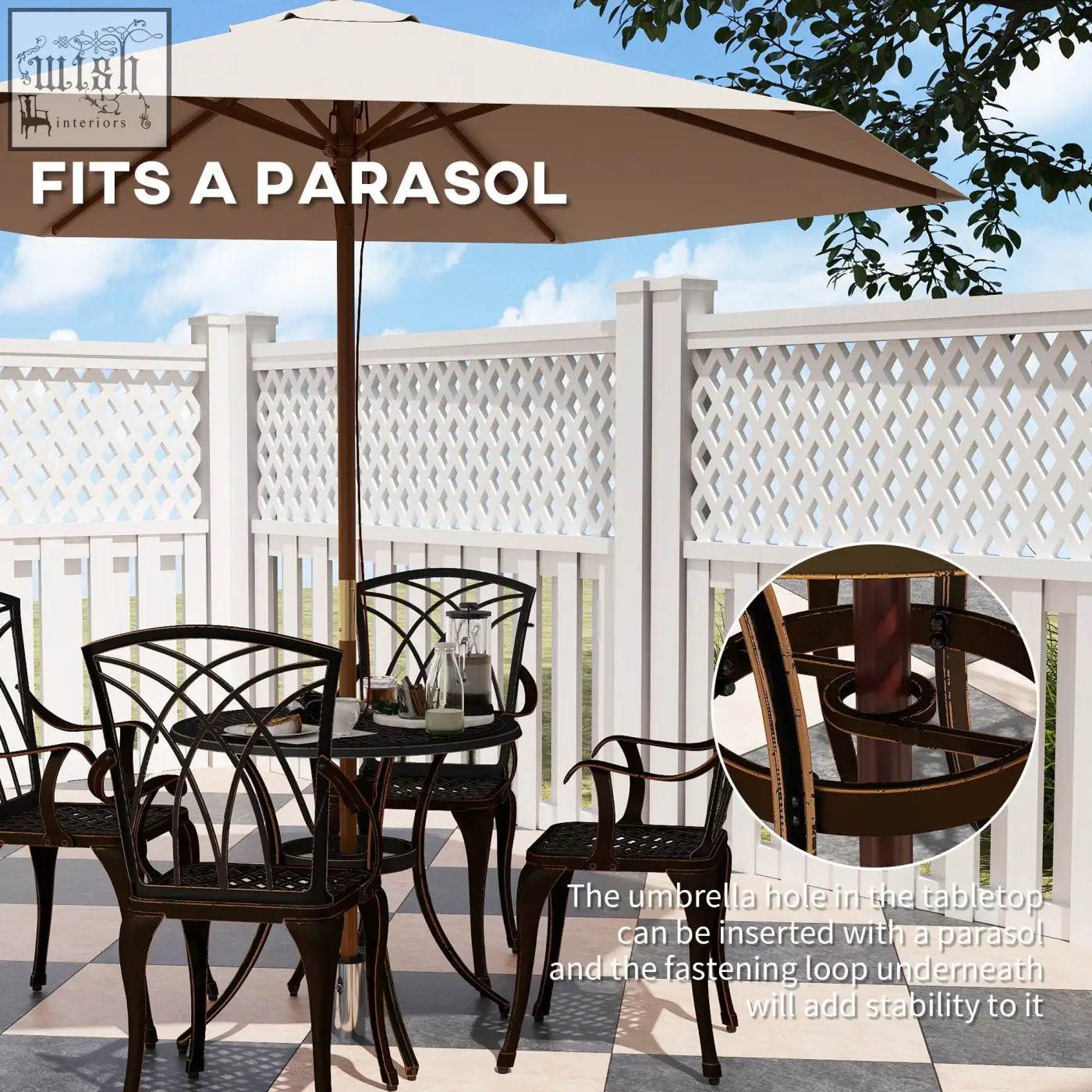Brown cast aluminium garden furniture set with round lattice top table and matching chairs for outdoor use