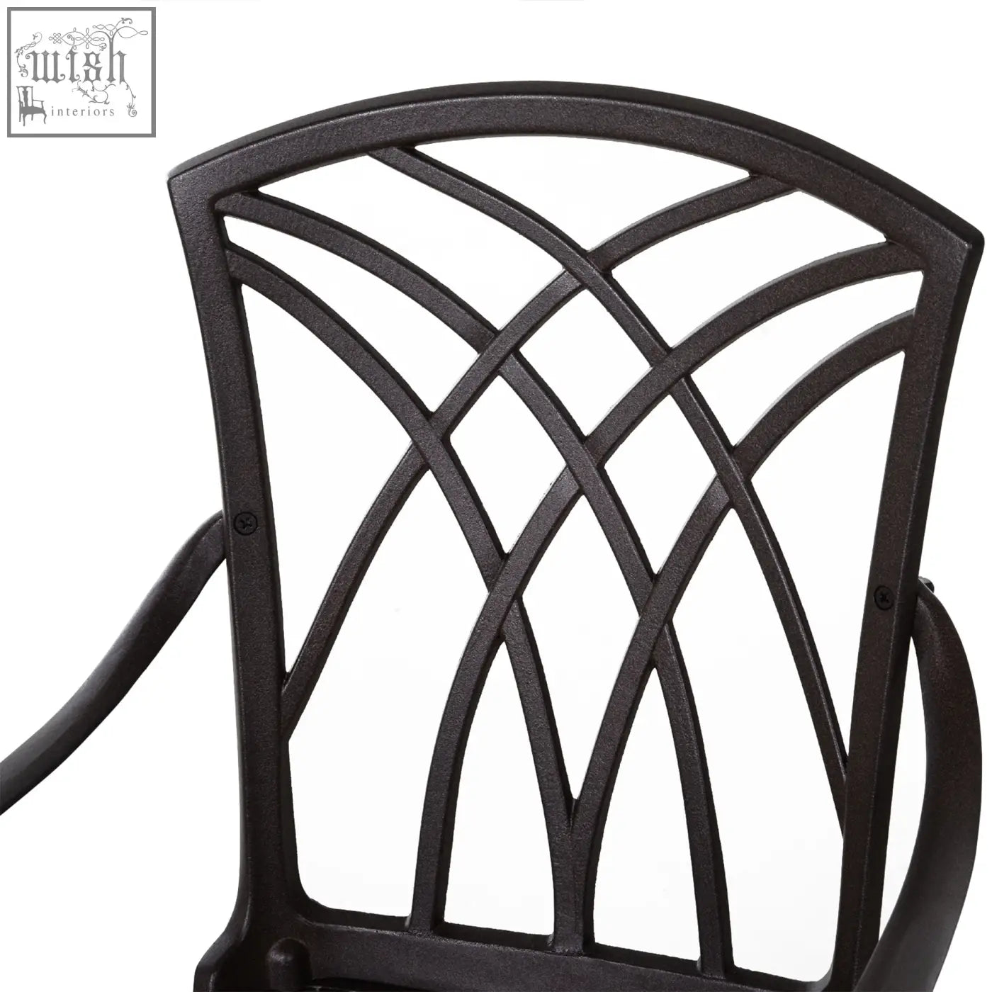 Back of black wrought iron chair with curved design in outsunny brown cast aluminium garden furniture set
