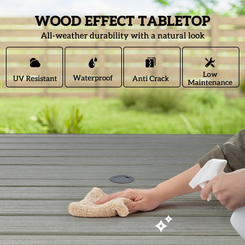 Gray wood-effect tabletop with natural grain and weather-resistant finish for outsunny outdoor dining set with breathable mesh seats