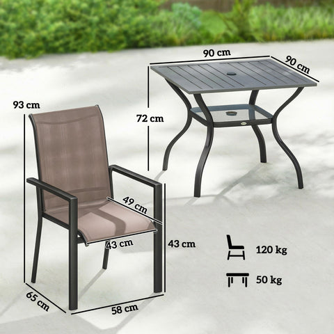 Black metal armchair with brown breathable mesh seat and back part of outsunny stackable chairs for outdoor dining set