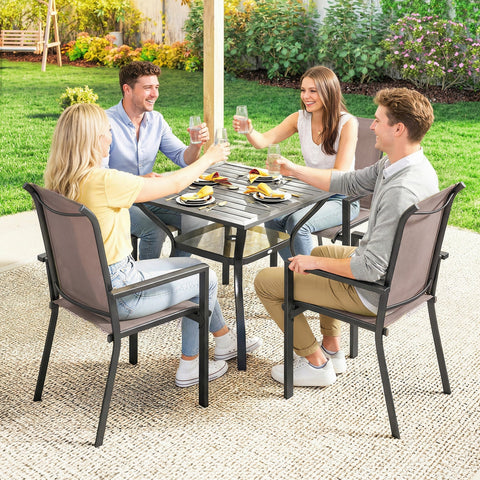 Outsunny 5 pieces outdoor dining set with black metal table glass top and grey khaki stackable chairs breathable mesh seats
