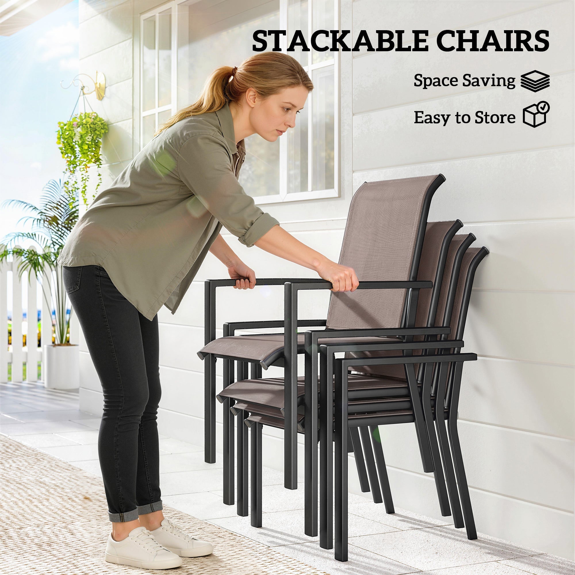 Outsunny stackable outdoor dining chairs with black metal frames and breathable gray mesh seats for garden use