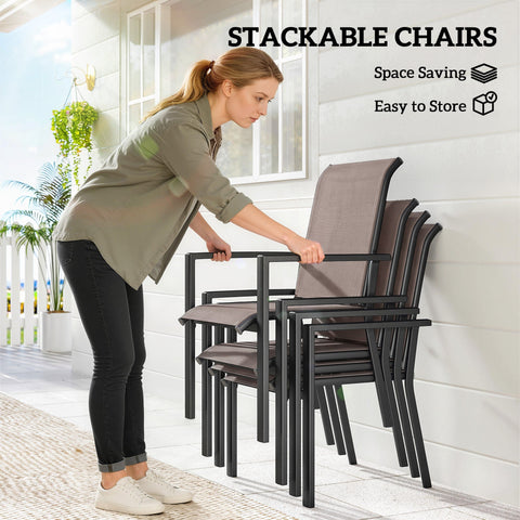 Outsunny stackable outdoor dining chairs with black metal frames and breathable gray mesh seats for garden use
