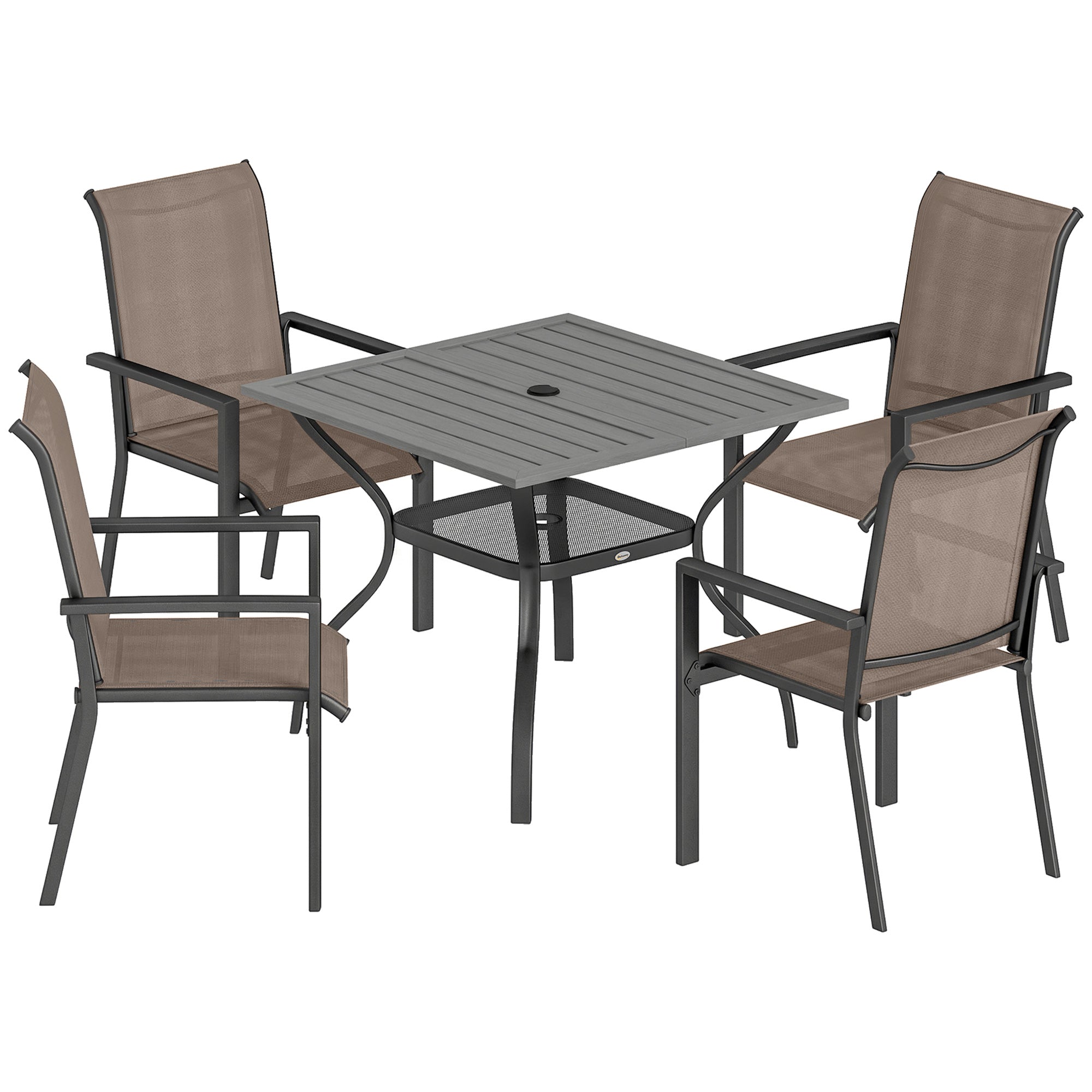 Outsunny 5 pieces outdoor dining set with gray slatted table and stackable chairs featuring breathable mesh seats in khaki
