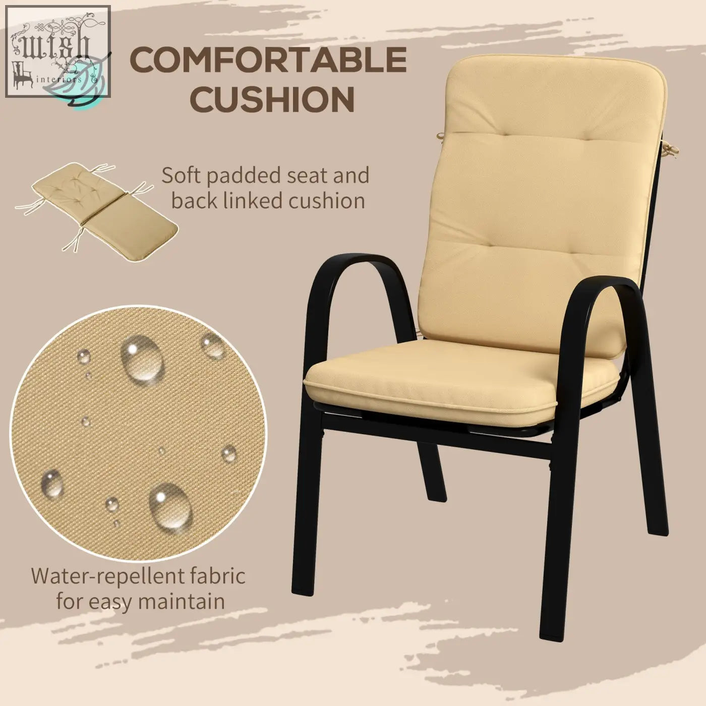 Cream-colored outdoor dining cushions with soft padded seats and high backs on steel frames for outsunny set