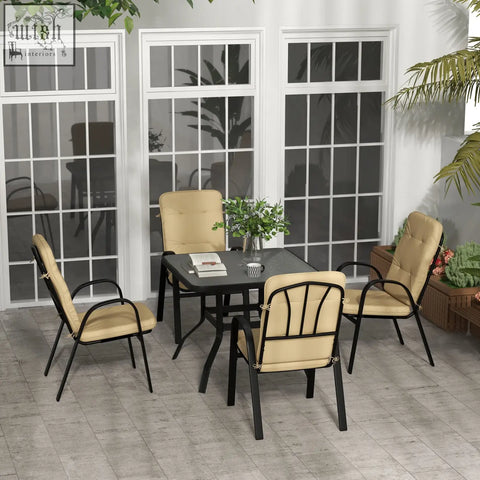 Beige cushioned patio dining set with black steel frames high backs and tempered glass square table for outdoor use