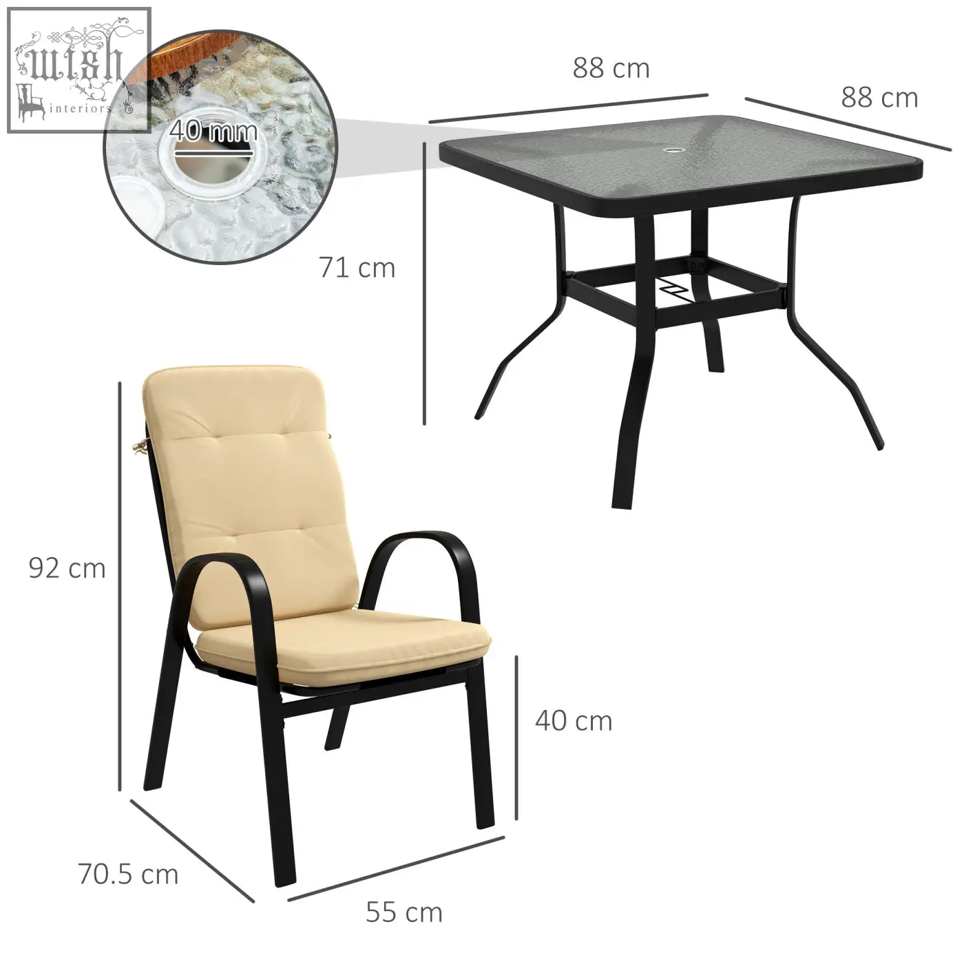 Black metal armchair with beige cushioned seat and high backs featuring steel frames for outdoor garden dining use
