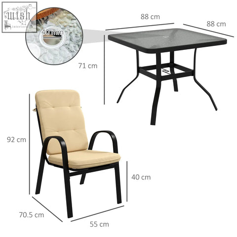 Black metal armchair with beige cushioned seat and high backs featuring steel frames for outdoor garden dining use