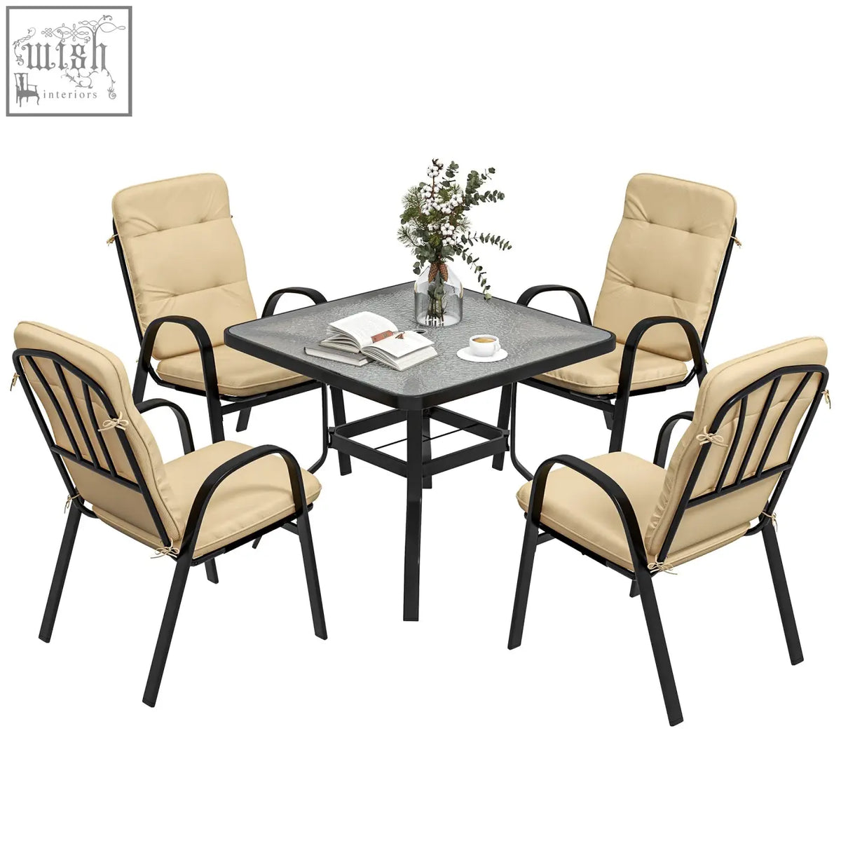 Outsunny 5 pieces outdoor square garden dining set with black steel frames gray tempered glass tabletop and beige cushioned chairs