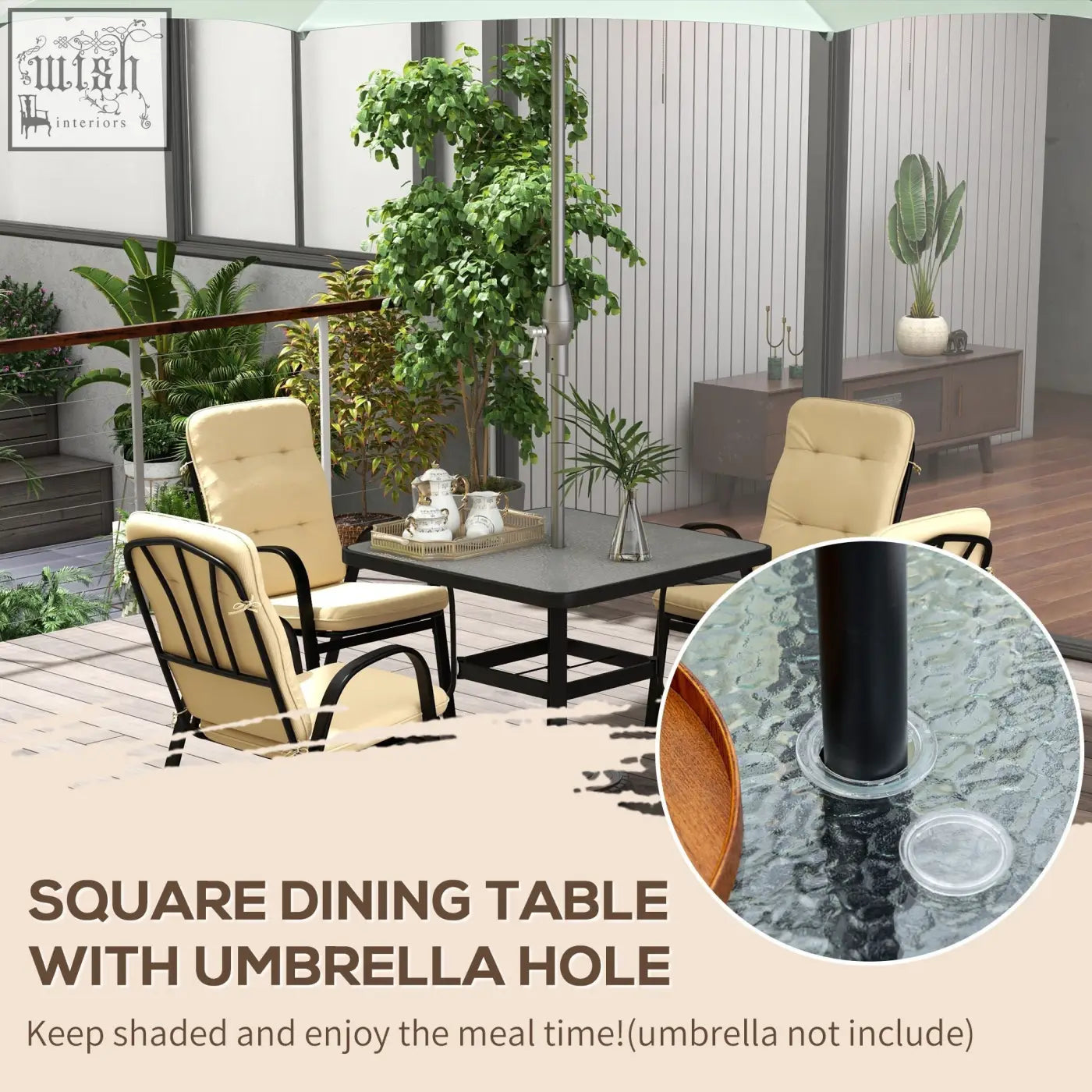 Outsunny 5 pieces outdoor garden dining set with black steel frames, tempered glass top table, umbrella hole, and beige cushioned armchairs