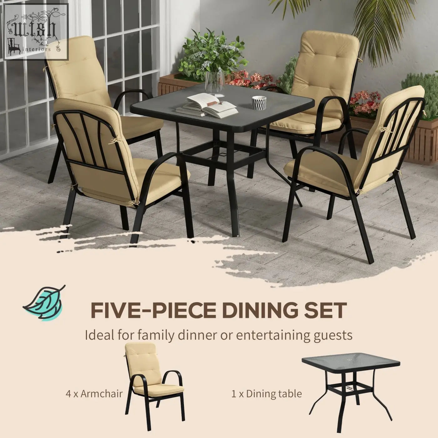 Outsunny 5 piece outdoor dining set with black steel frames, beige cushioned armchairs, high backs, and tempered glass table