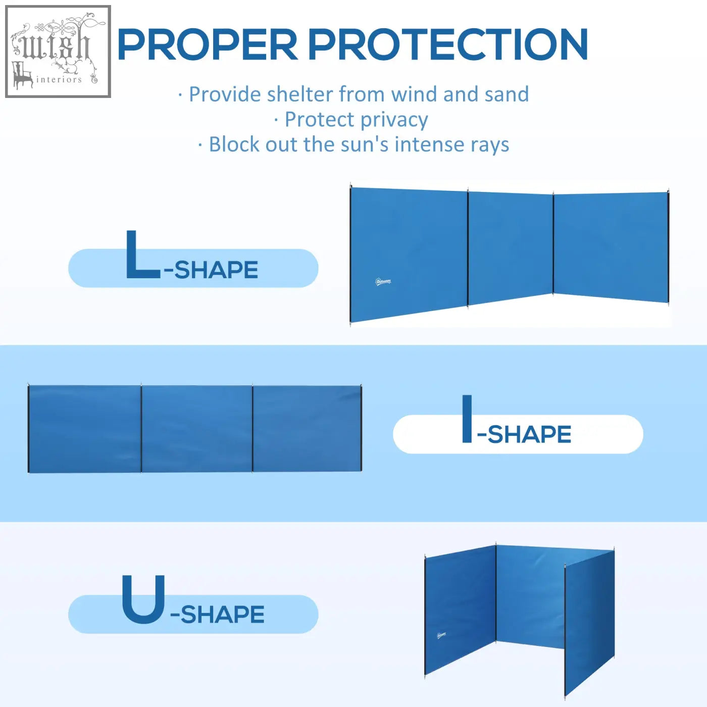 Blue outsunny 5 pole camping windbreak with steel poles, guy ropes, carry bag, and foldable l i and u shapes