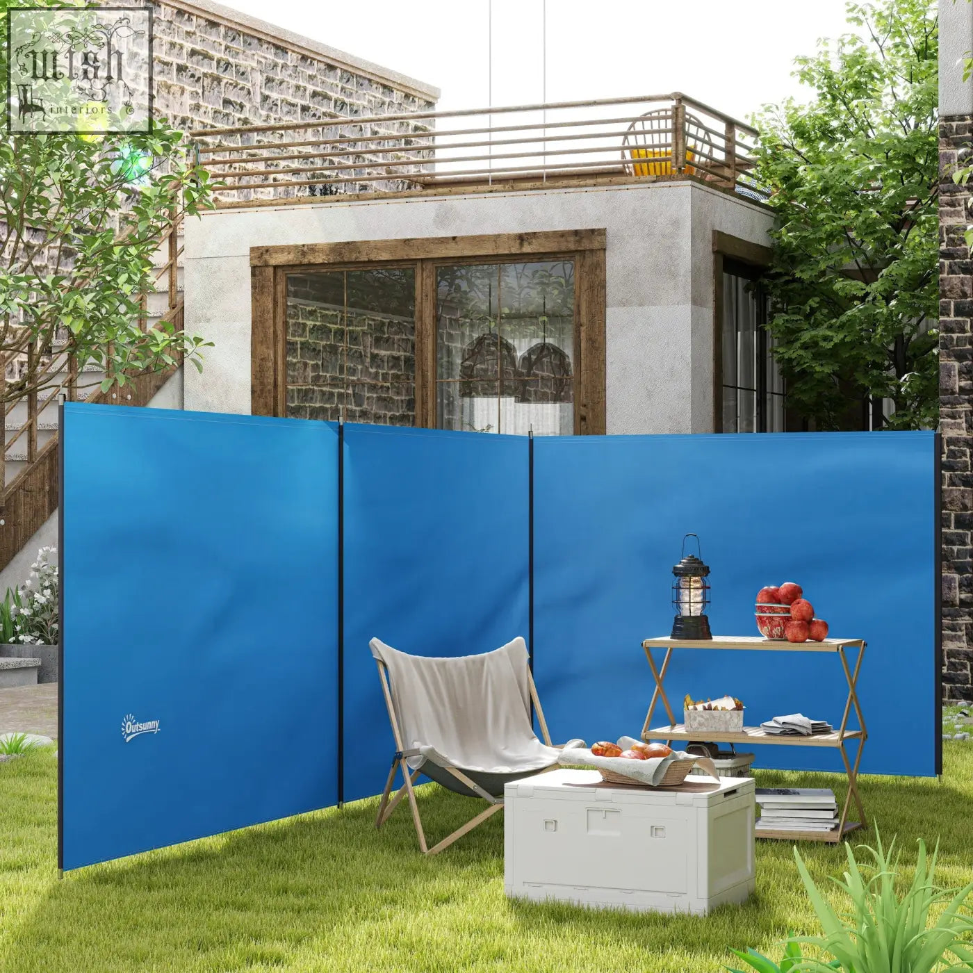 Blue outsunny foldable outdoor privacy screen with steel poles guy ropes and carry bag for camping and beach use