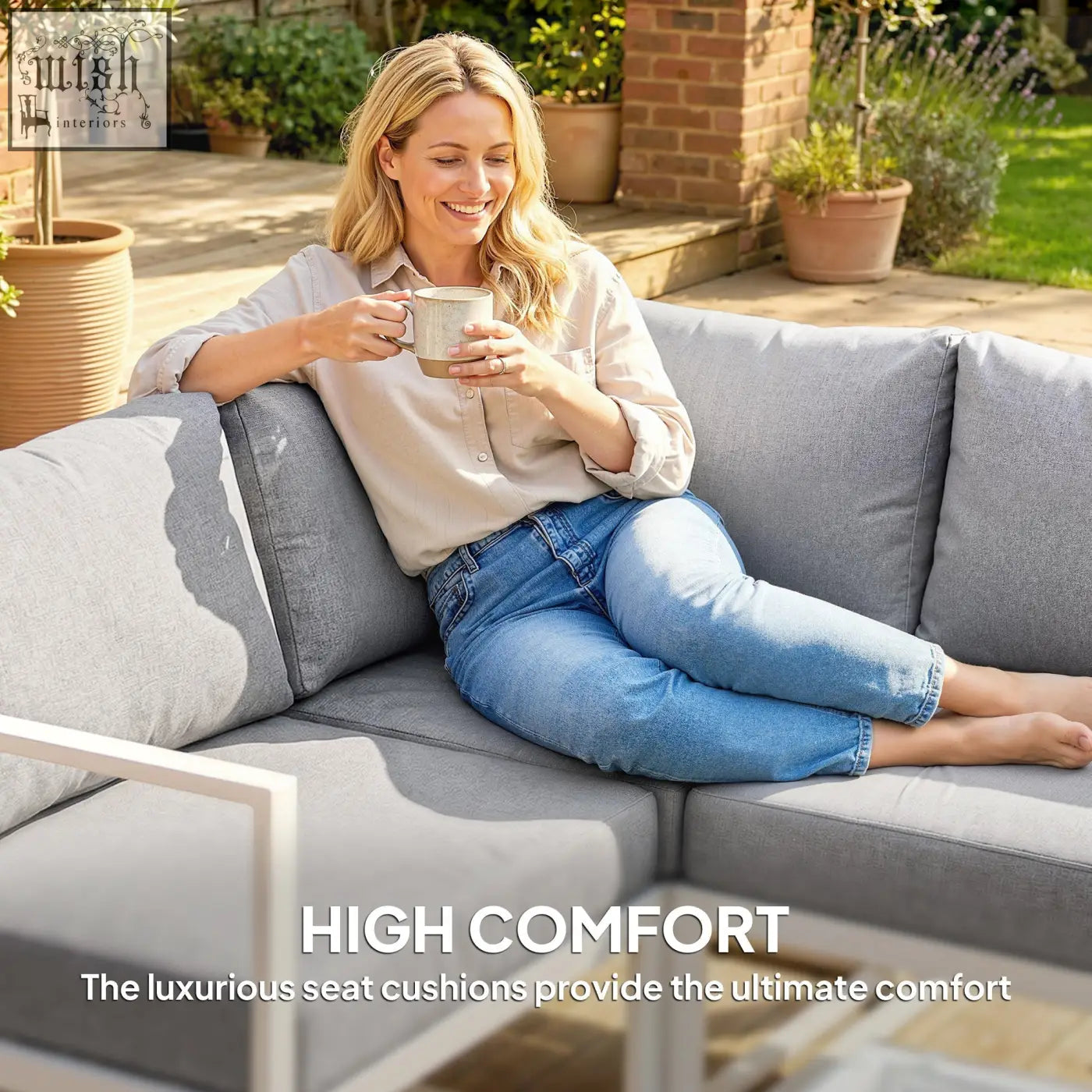Gray outdoor garden sofa set with white aluminium frame and thick cushions 65w x 65d for patio and balcony