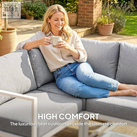 Gray outdoor garden sofa set with white aluminium frame and thick cushions 65w x 65d for patio and balcony
