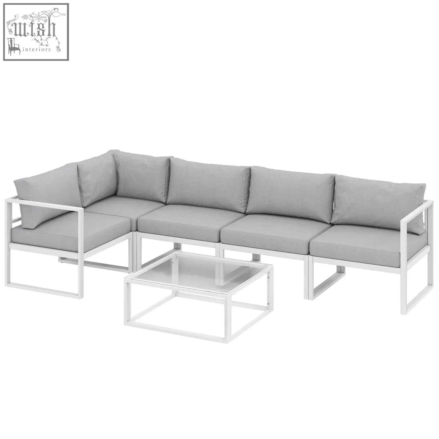 Modern white metal garden sofa set with gray cushions and glass coffee table 65w x 65d for patio and balcony