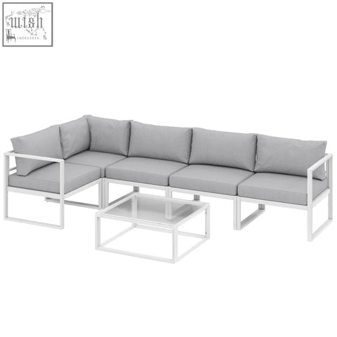 Modern white metal garden sofa set with gray cushions and glass coffee table 65w x 65d for patio and balcony