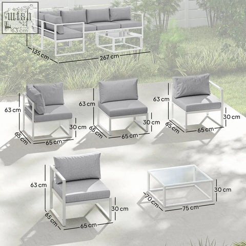 Modern outsunny garden sofa set with sleek white aluminum frames light grey cushions perfect for patio 65w x 65d