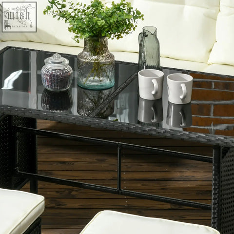 Black wicker coffee table with glossy glass top and steel frame from outsunny 5 seater rattan garden set