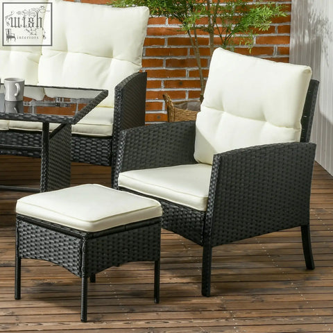 Black wicker armchair with cream cushions from outsunny rattan garden set with steel frame and glass coffee table