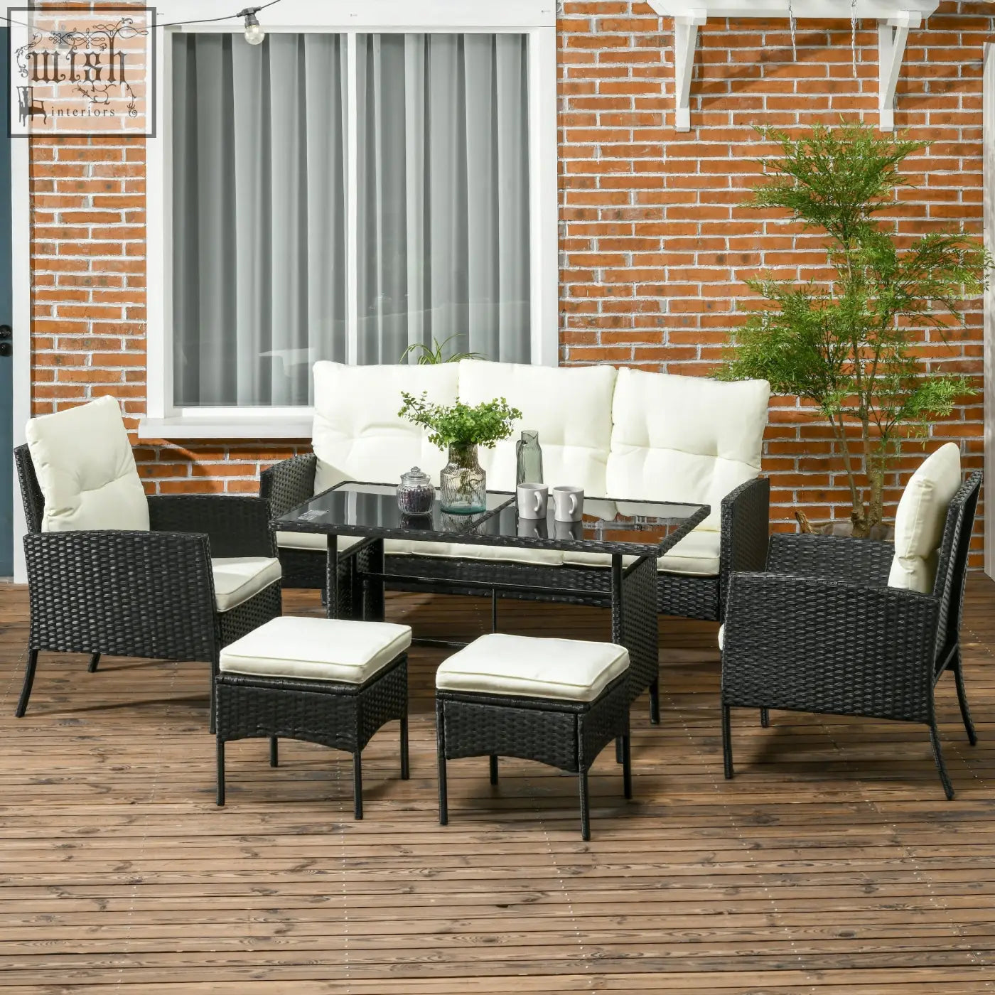 Black wicker rattan garden 5 seater patio set with white cushions steel frame and glass coffee table
