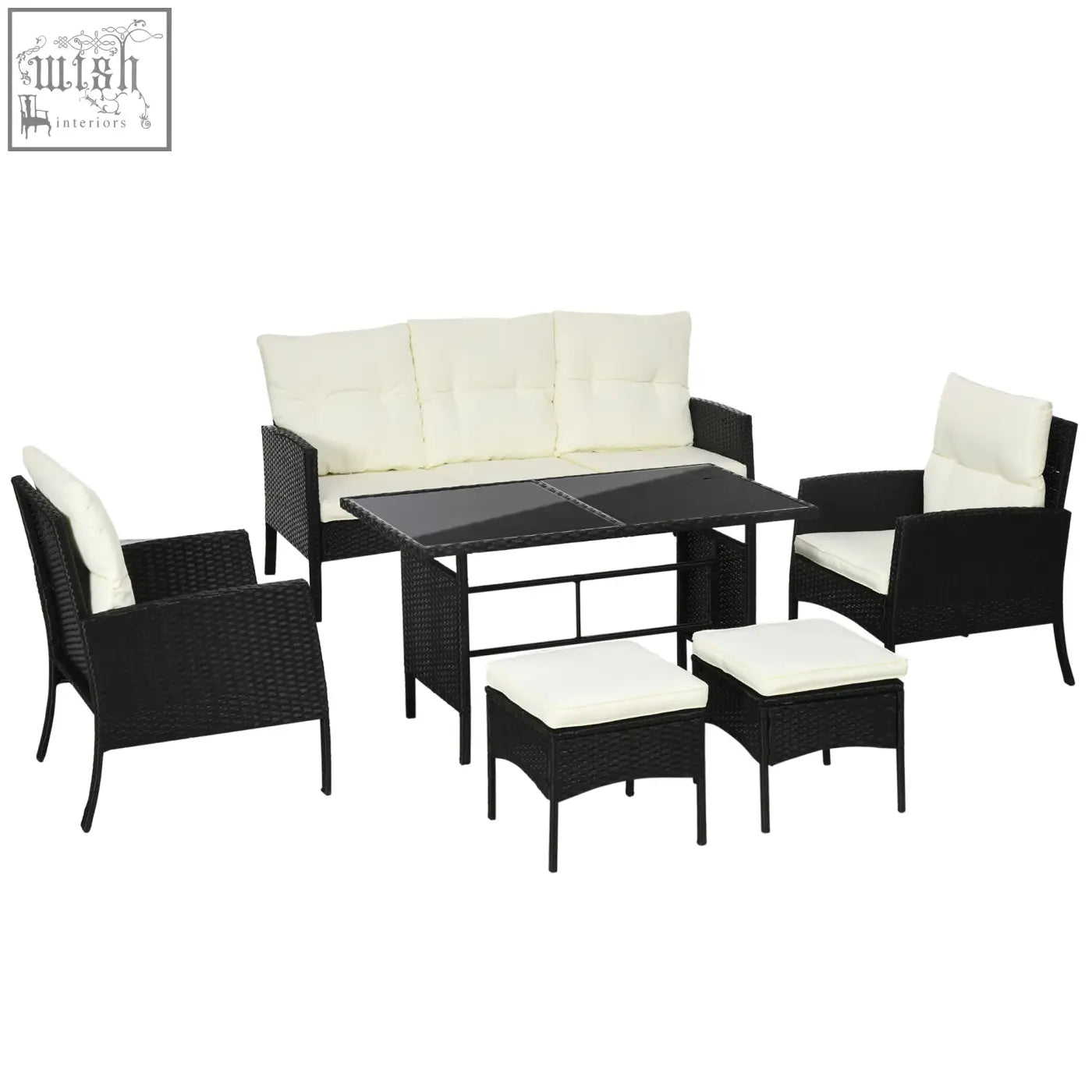 Black wicker rattan garden 5-seater patio set with cream cushions steel frame and glass coffee table for outdoors