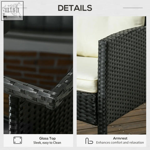 Black woven wicker outdoor chair with cream cushion and glass top coffee table in outsunny rattan garden set with steel frame