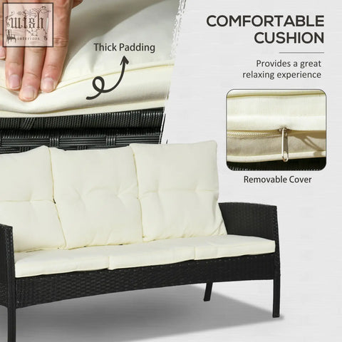 Black wicker rattan garden sofa with cream removable cushions thick padding and steel frame in outsunny patio set