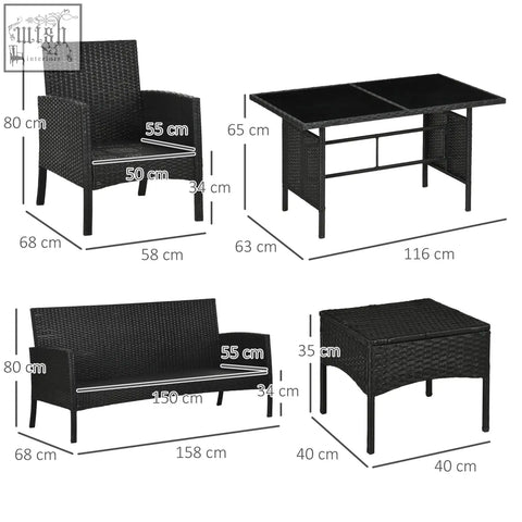 Black woven wicker rattan garden furniture set with steel frame includes coffee table and cushions for outdoor patio