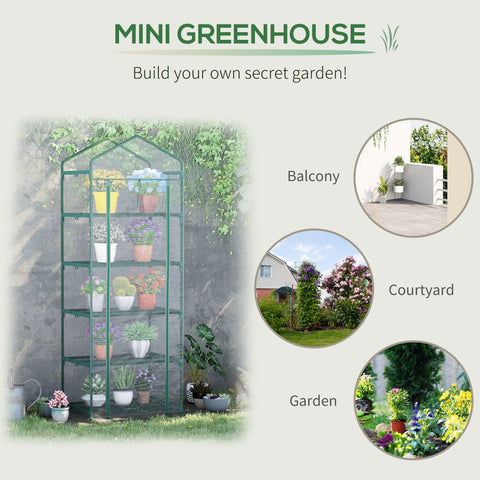 Green metal-framed outsunny 5 tier mini greenhouse with transparent plastic cover and roll-up door for plants
