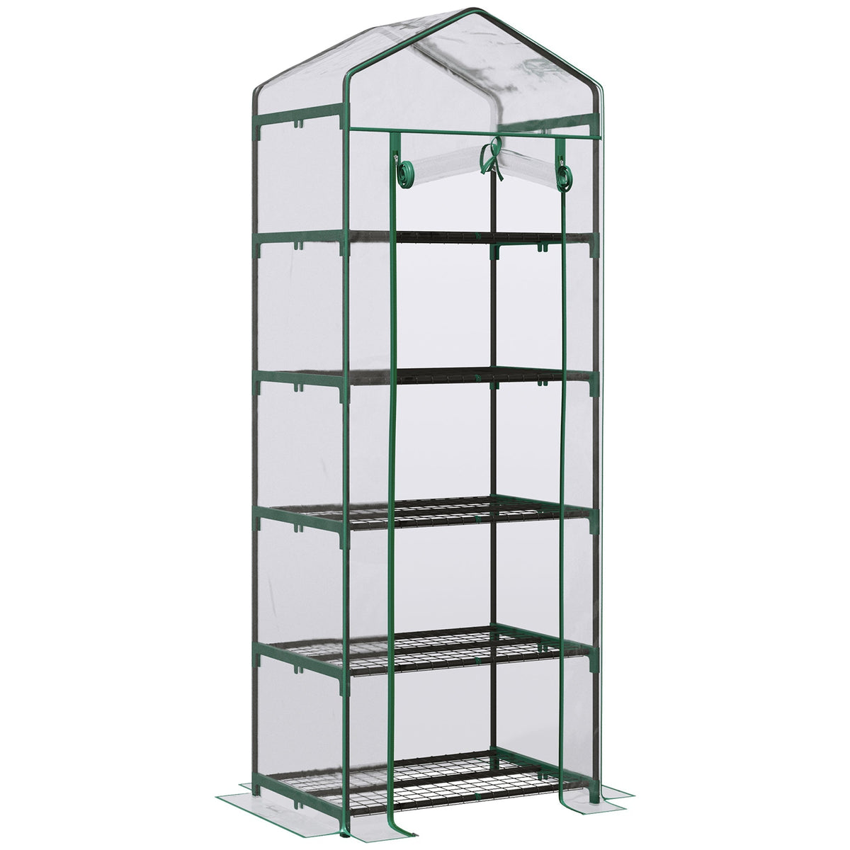 Green-framed outsunny 5 tier mini greenhouse with plastic cover roll-up door and adjustable shelves for plant growth
