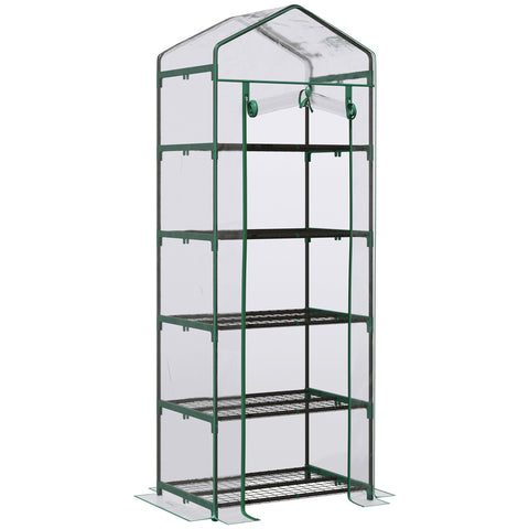 Green-framed outsunny 5 tier mini greenhouse with plastic cover roll-up door and adjustable shelves for plant growth