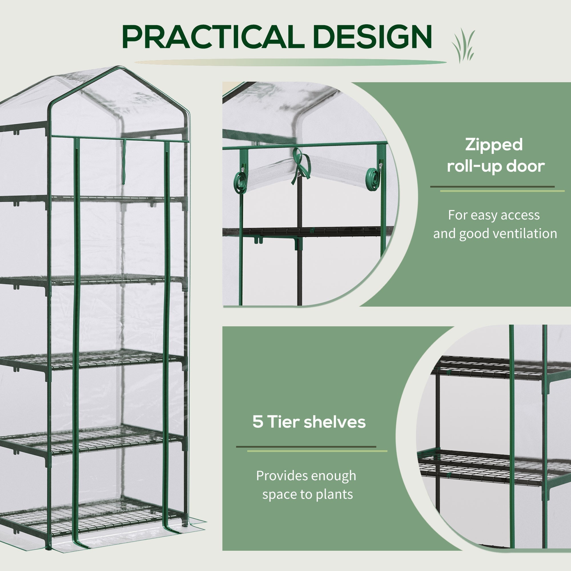 Green metal framed outsunny 5 tier mini greenhouse with clear plastic cover and roll up door for easy access