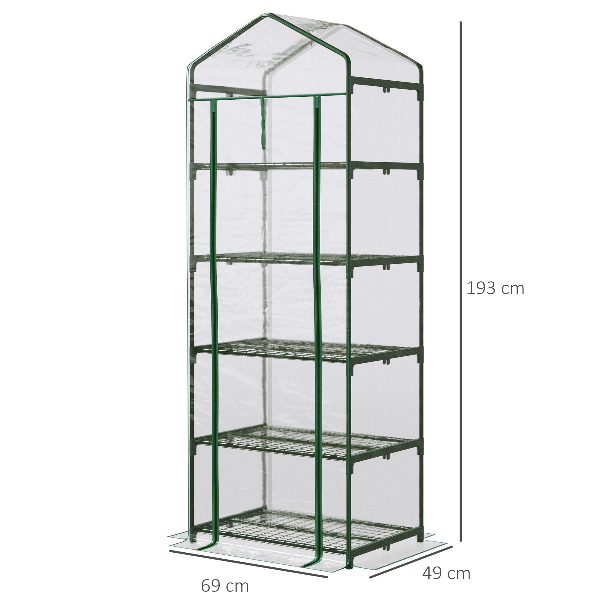 Green-framed outsunny mini greenhouse with plastic cover, roll-up door, 5 wire mesh shelves, and peaked roof