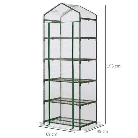 Green-framed outsunny mini greenhouse with plastic cover, roll-up door, 5 wire mesh shelves, and peaked roof