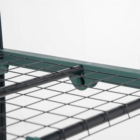 Outsunny 5 tier mini greenhouse with green metal wire mesh shelves, teal supports, plastic cover, and roll-up door