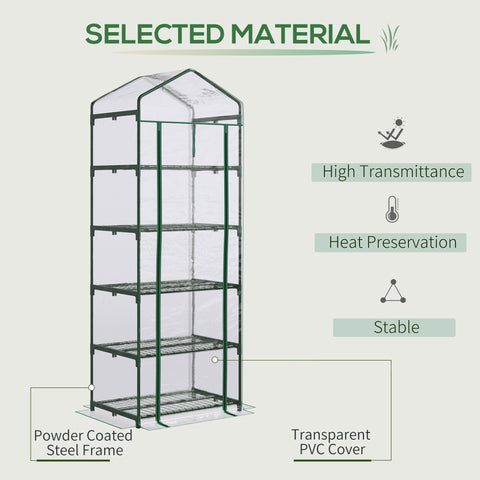 Outsunny 5 tier mini greenhouse with powder coated steel frame green plastic cover and roll up door for easy access