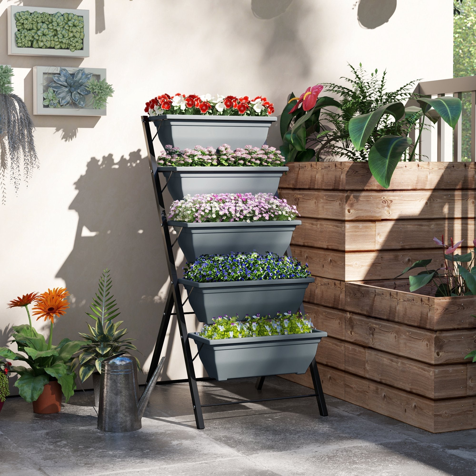 Gray outsunny 5-tier plant stand with drainage holes and five removable trays filled with colorful flowers and greenery