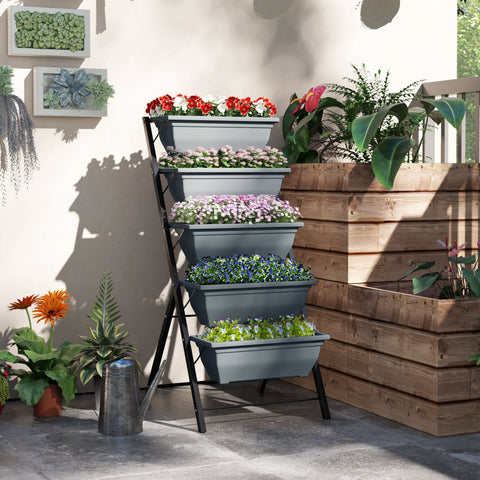 Gray outsunny 5-tier plant stand with drainage holes and five removable trays filled with colorful flowers and greenery