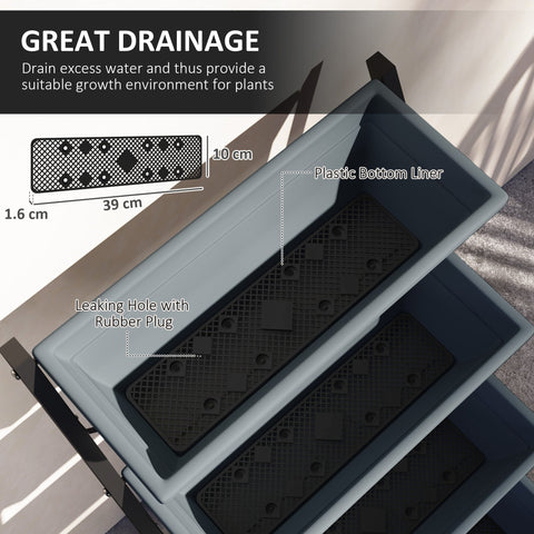 Gray plastic rectangular planter with black perforated drainage holes and rubber plug on outsunny 5-tier plant stand