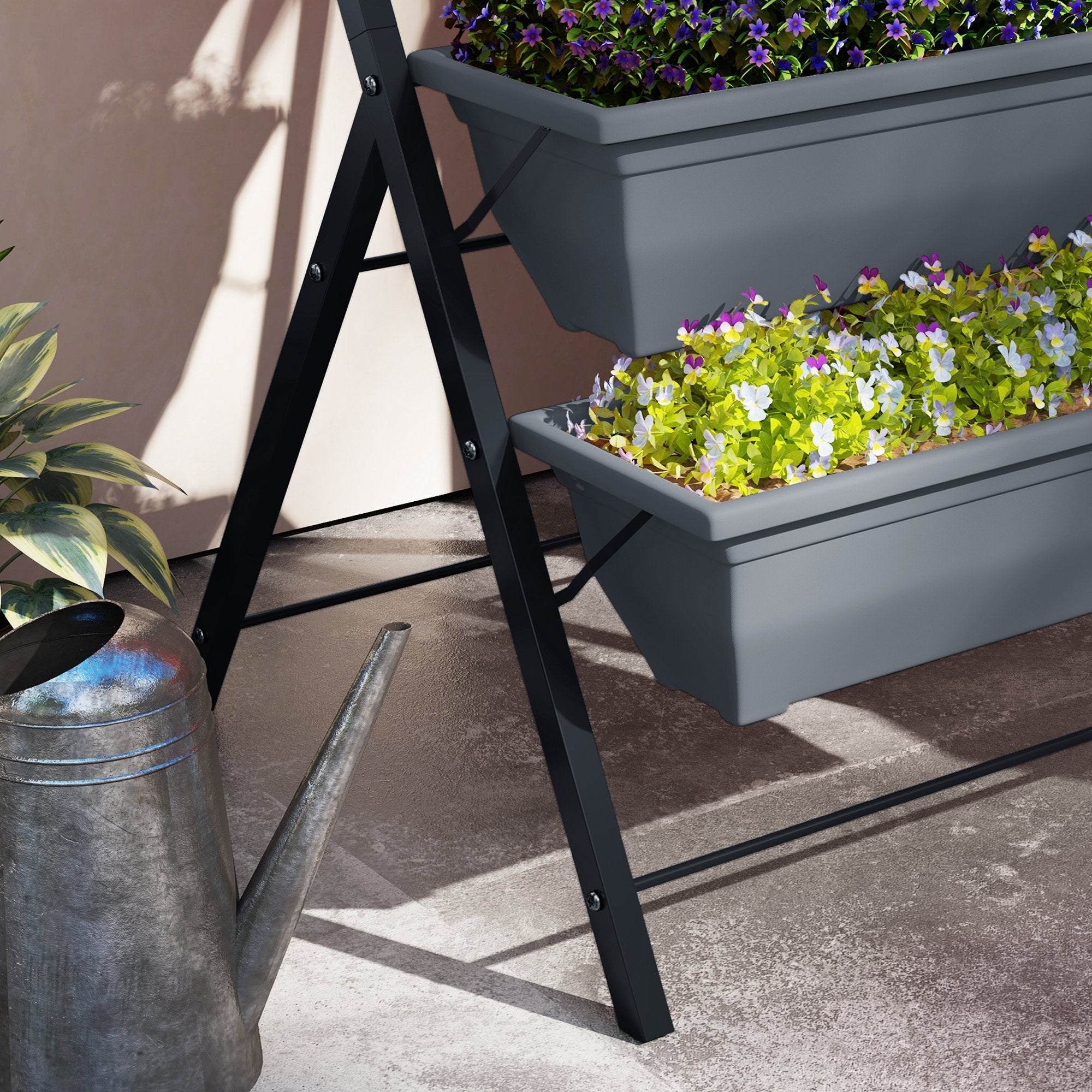 Gray double tiered plant stand with black metal frame and drainage holes for indoor outdoor use by Outsunny
