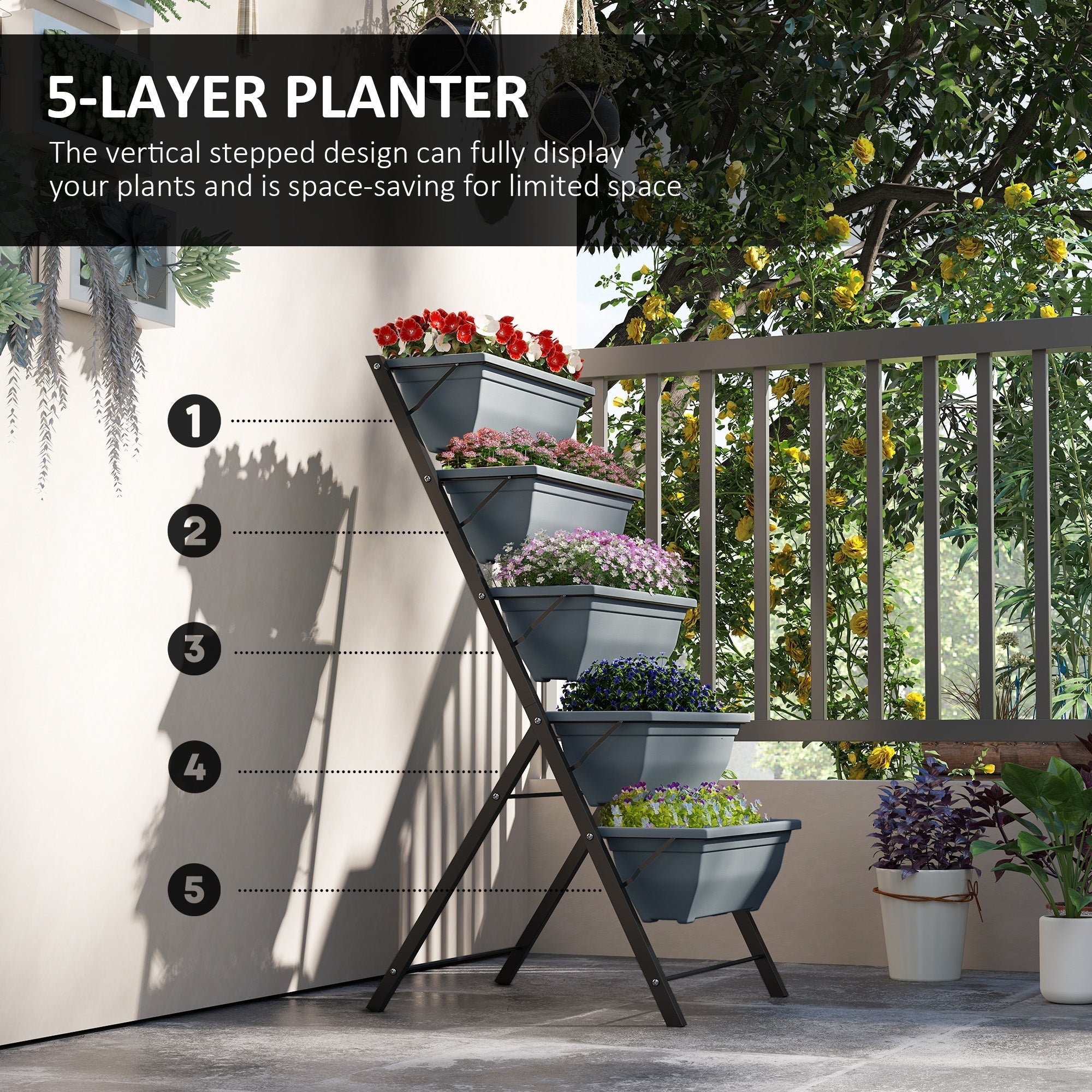 Gray outsunny 5-tier plant stand with folding metal frame and drainage holes for indoor outdoor gardening
