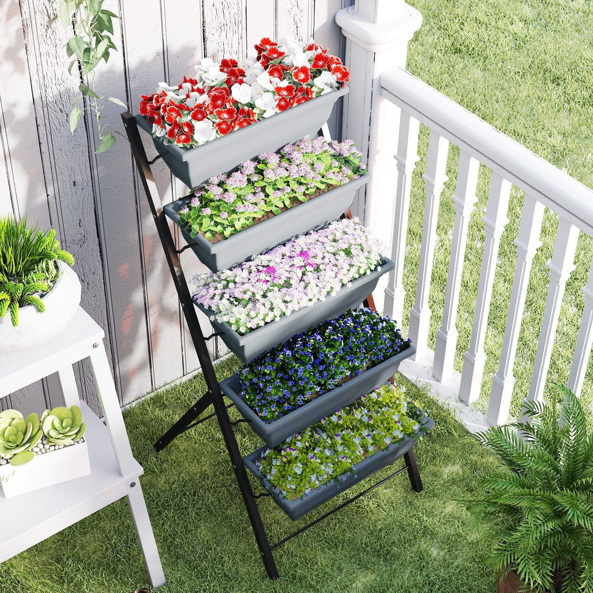 Gray outsunny 5-tier raised plant stand with removable trays and drainage holes filled with colorful artificial flowers